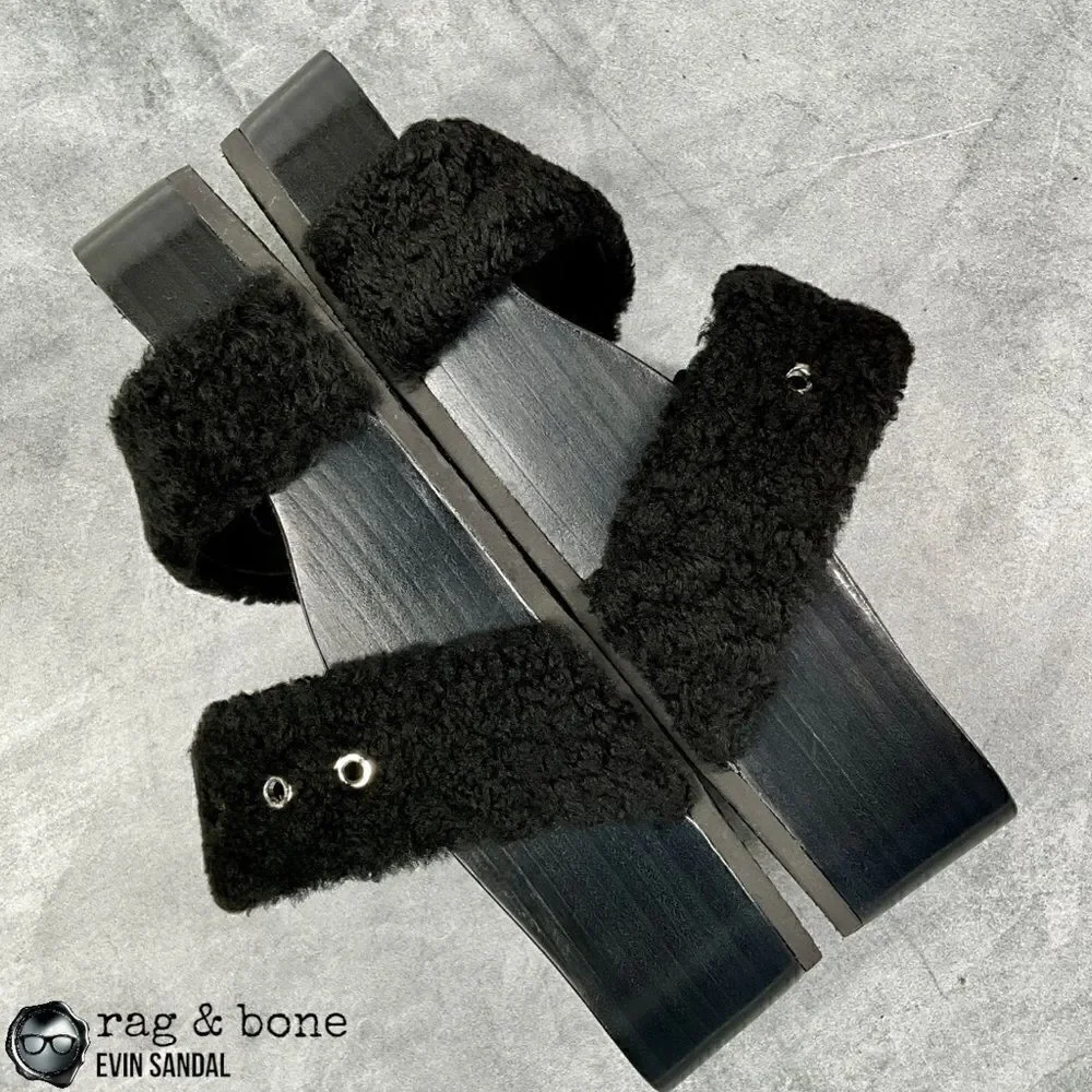 RAG & BONE EVIN GENUINE SHEARLING PLATFORM SLIDE SANDAL IN BLACK US SIZE 6 EU 36